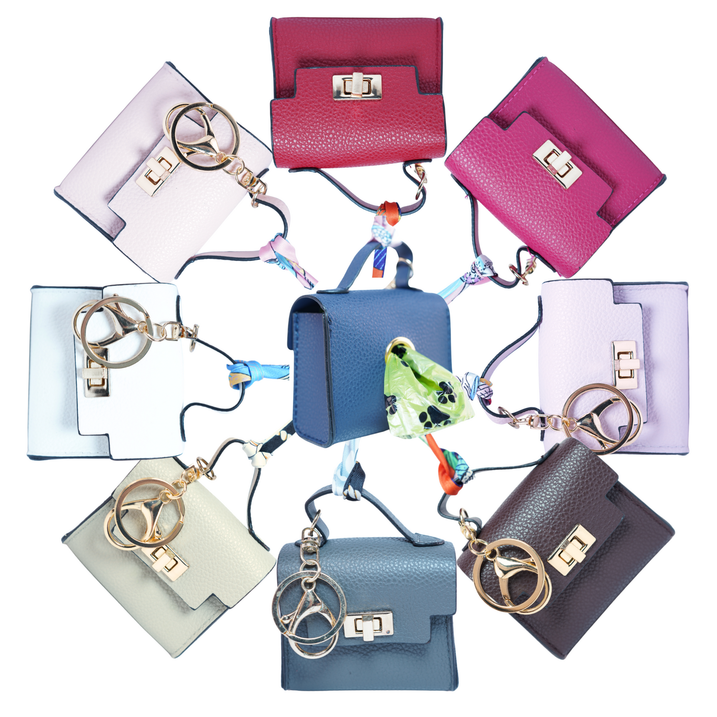 Collection of colorful dog waste bag holders