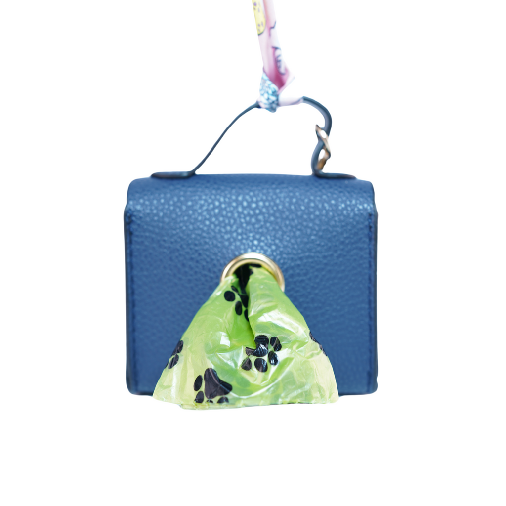 Blue dog waste bag pouch with a green bag 