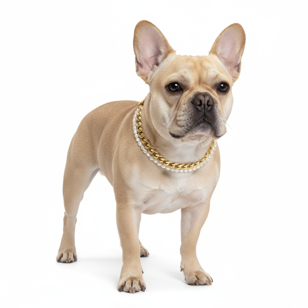 Dog wearing a Puppy Barkin gold chain and pearl necklace 